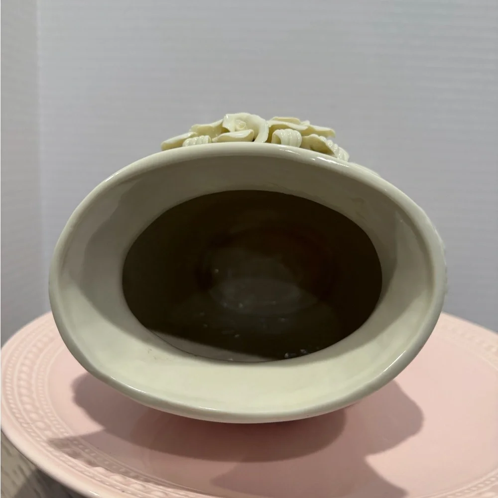 Vintage Ivory Ceramic Vase Embossed Floral Rose Basketweave Pattern